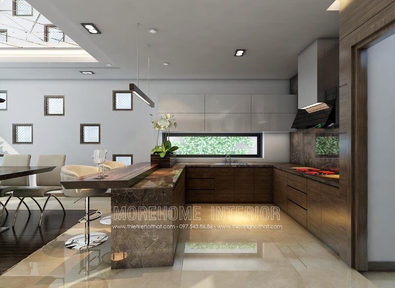 Lựa chọn gam màu óc chó trầm ấn tượng kết hợp màu trắng nhẹ nhàng, mẫu tủ bếp hiện đại tại Hải Phòng mang lại cái nhìn sang trọng và đầy tinh tế, là điểm nhấn độc đáo nổi bật cho cả ngôi nhà Thiết kế tủ bếp đẹp