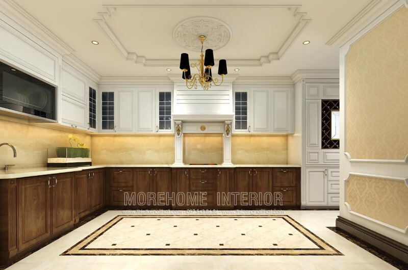 Mẫu thiết kế tủ bếp tân cổ điển được làm từ gỗ óc chó nhập khẩu cao cấp, các đường nét chạm khắc nhẹ nhàng tạo sự sang trọng không rối mắt người nhìn Thiết kế tủ bếp đẹp